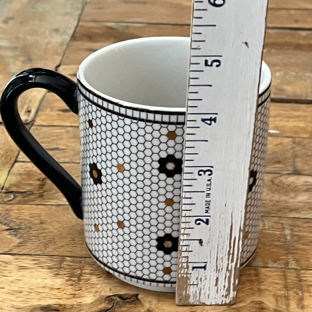 Anthropologie Mug 4" Tall 14 oz Letter T Black Gold Honeycomb Mosaic Tile - Picture 5 of 7